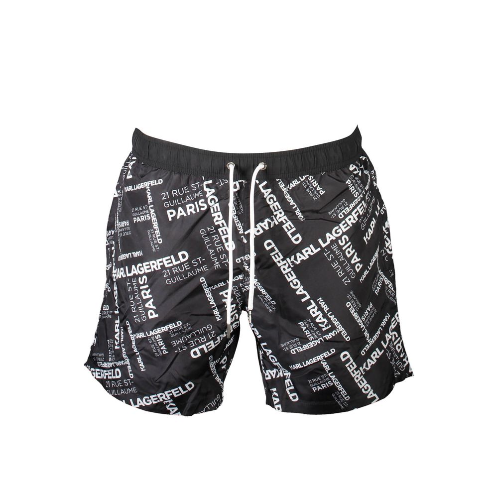 Black polyester men's swim boxer shorts by Karl Lagerfeld, featuring a comfortable fit and stylish design.