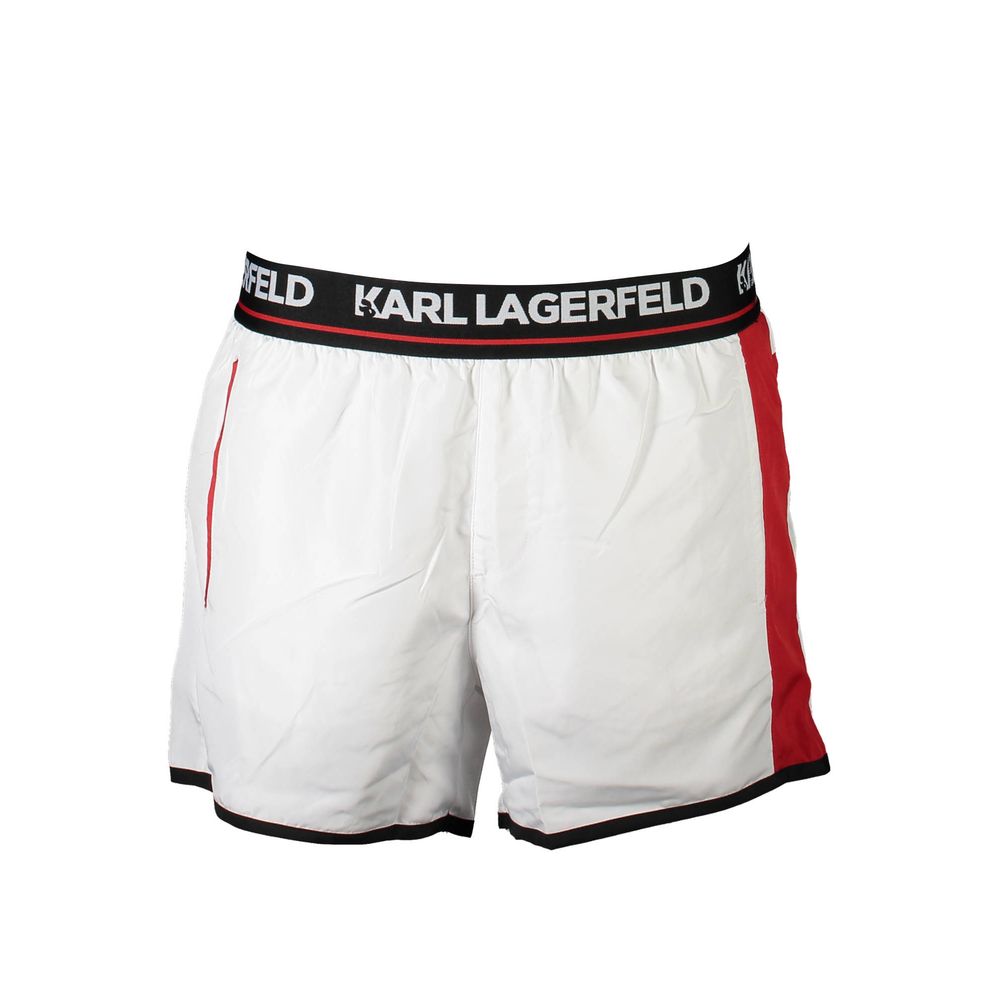 Karl Lagerfeld Bianco polyester men's swim boxer shorts with elastic waistband and logo detail, suitable for swimming and beachwear.