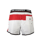 Karl Lagerfeld Bianco polyester men's swim boxer showing the white swim trunks with the brand logo and elastic waistband.