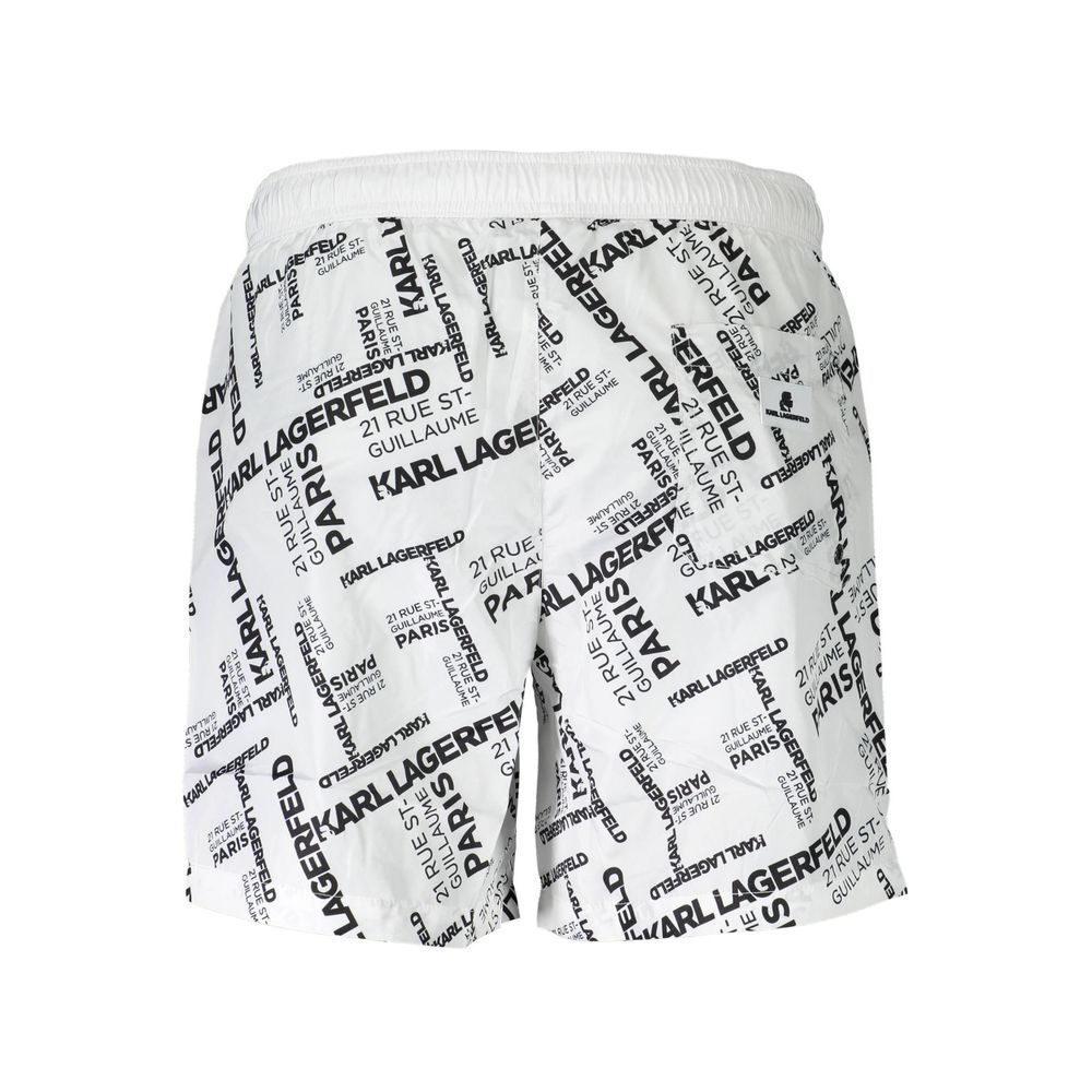 Karl Lagerfeld Bianco polyester men's swim boxer with logo waistband, white swimwear shorts for men.