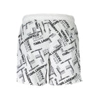 Karl Lagerfeld Bianco polyester men's swim boxer with logo waistband, white swimwear shorts for men.
