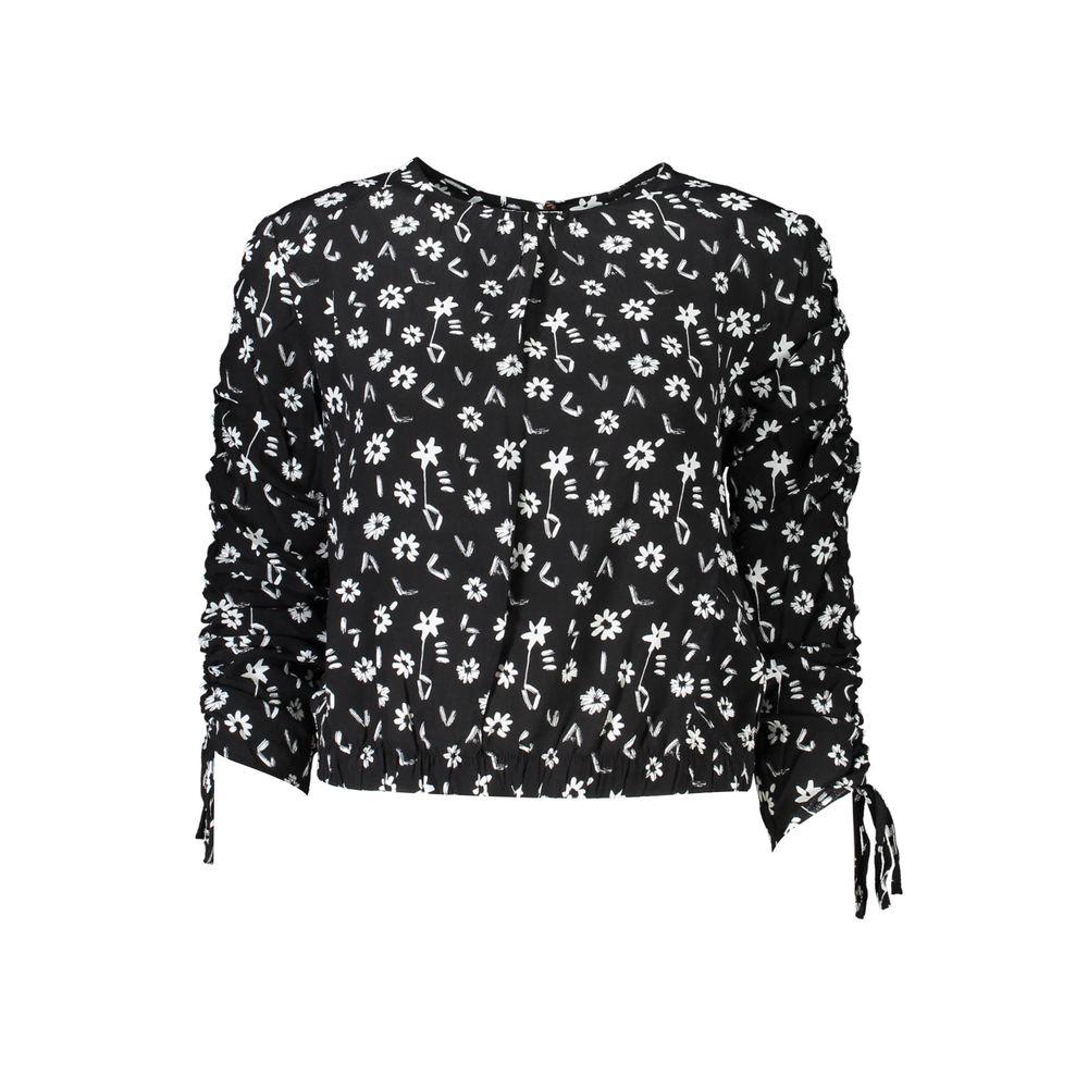 Black viscose women’s blouse by Desigual, featuring a relaxed fit and stylish design, shown on a model.