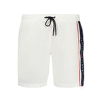 Norway 1963 white polyamide men's swim boxer shorts, close-up view showing elastic waistband and smooth fabric.