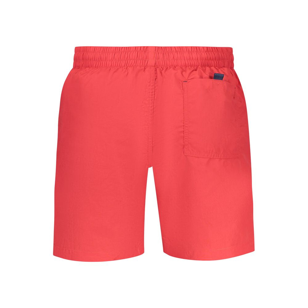 Norway 1963 Rosso Poliammide men's swim boxer showing red fabric with black waistband and side panel, front view.