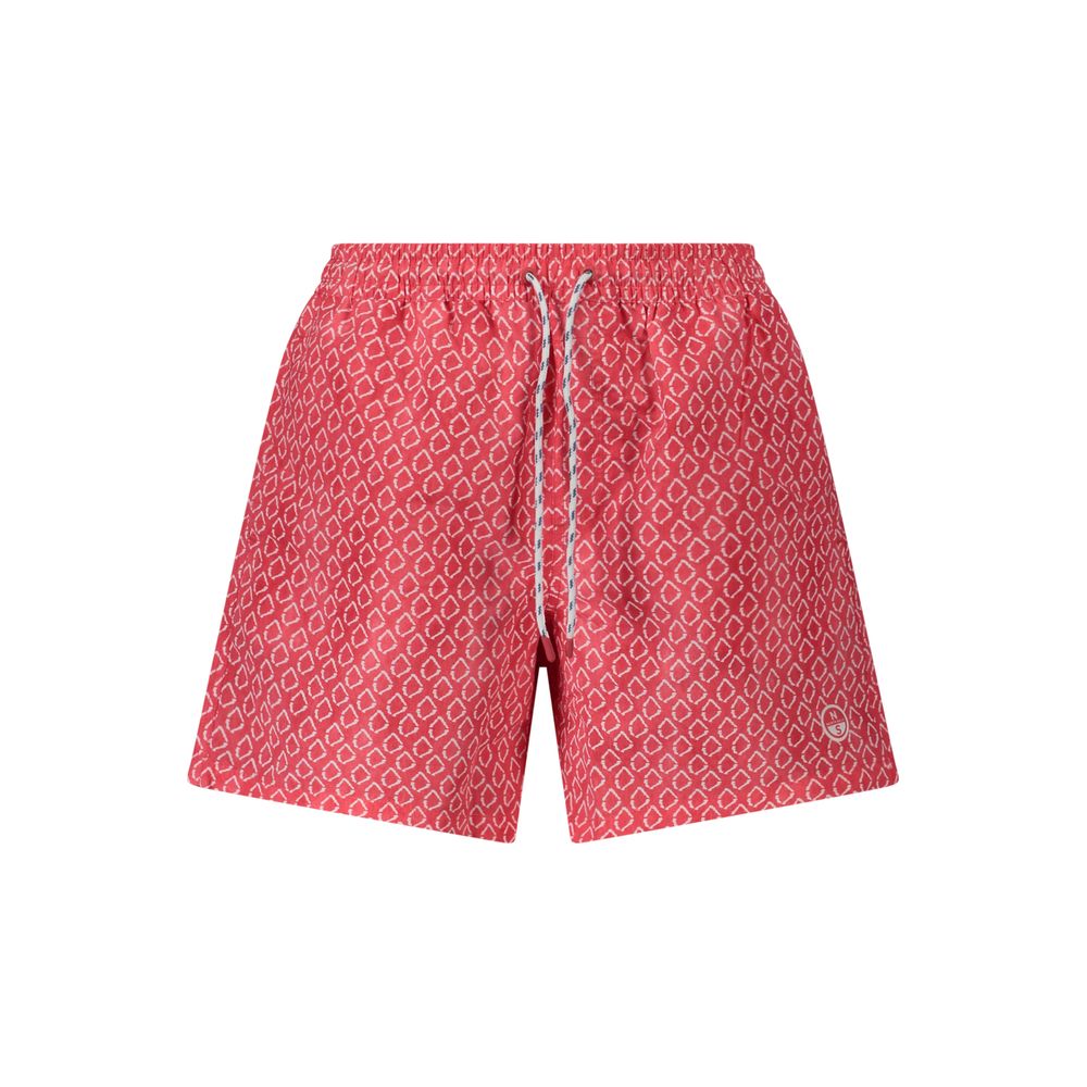 Red North Sails men's polyester swim boxer shorts displayed on a model. Comfortable, sporty swimwear for men.