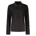 Black cotton women's shirt from Guess Jeans with a classic fit and button-down front, shown on a model.