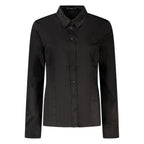 Black cotton women's shirt from Guess Jeans with a classic fit and button-down front, shown on a model.