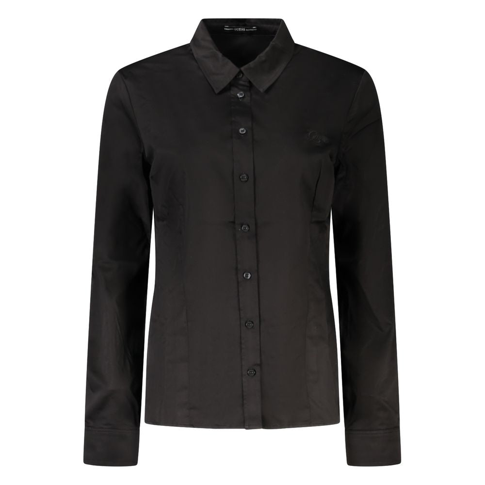 Black cotton women's shirt from Guess Jeans with a classic fit and button-down front, shown on a model.