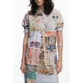 Desigual beige cotton women's shirt with a relaxed fit and button-up front, displayed hanging on a wooden hanger.