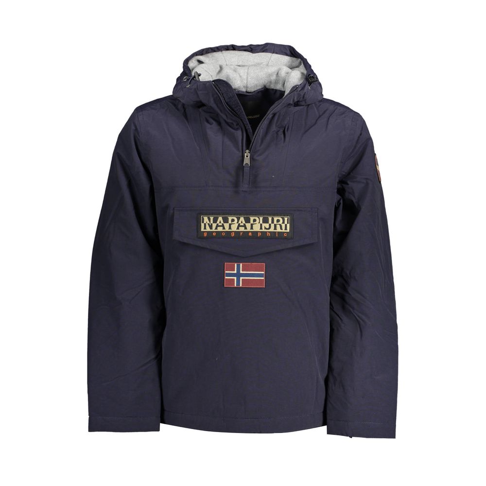 Napapijri men's blu polyamide jacket displayed on a hanger, showcasing its lightweight, water-resistant fabric and modern design.