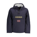 Napapijri men's blu polyamide jacket displayed on a hanger, showcasing its lightweight, water-resistant fabric and modern design.