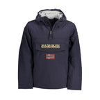 Napapijri men's blu polyamide jacket displayed on a hanger, showcasing its lightweight, water-resistant fabric and modern design.