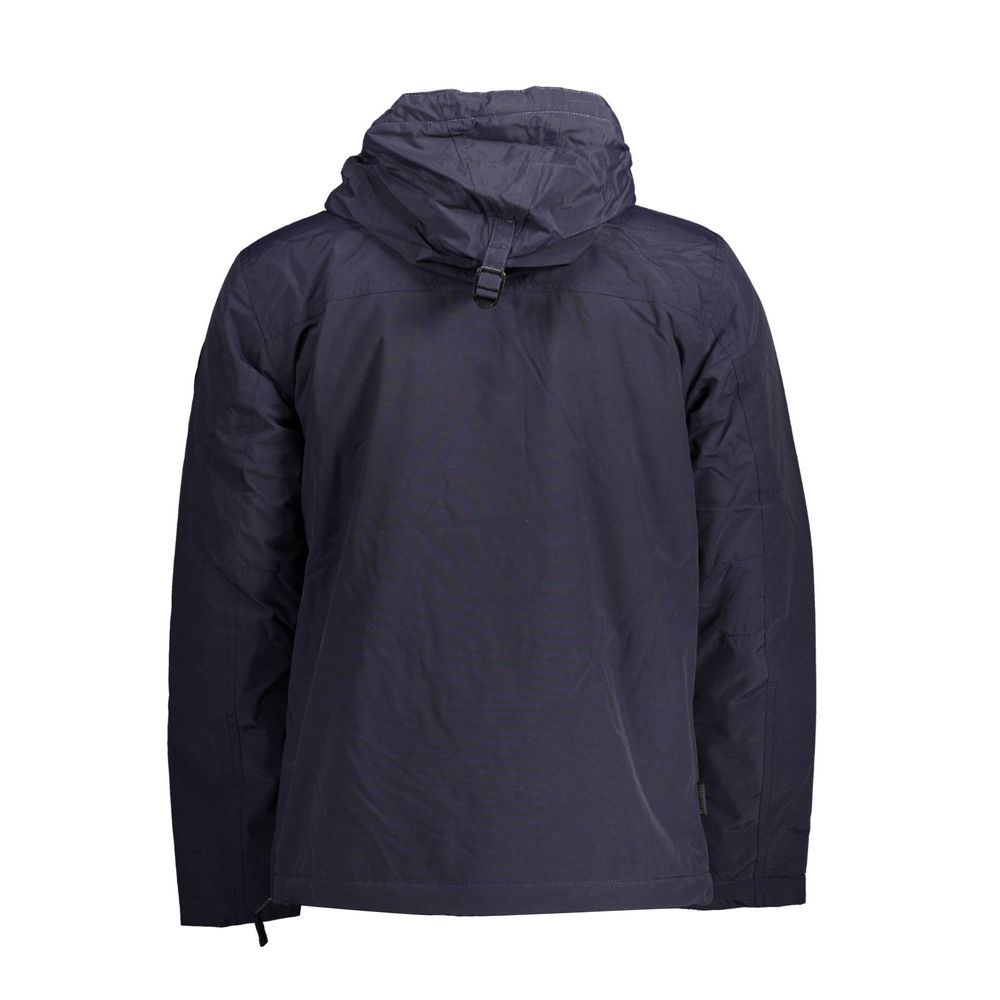 Men's Napapijri Blu polyamide jacket with front zipper, stand collar, and lightweight design for outdoor wear.