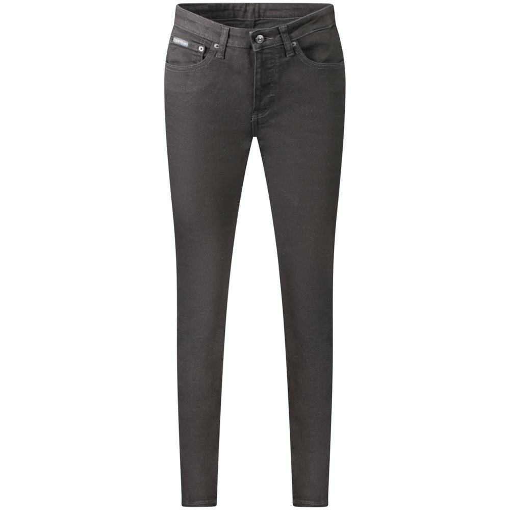 Calvin Klein black cotton women's jeans displayed on a model with a close-up of the denim fabric and classic five-pocket design.