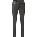 Calvin Klein black cotton women's jeans displayed on a model with a close-up of the denim fabric and classic five-pocket design.