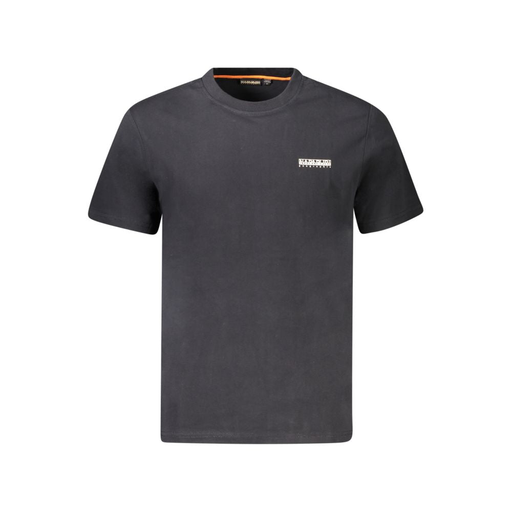 Black cotton men's T-shirt by Napapijri with a classic fit and crew neckline, shown laid flat on a white background.