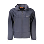 Napapijri men's blue polyester jacket with a front zipper and adjustable hood, suitable for outdoor wear.