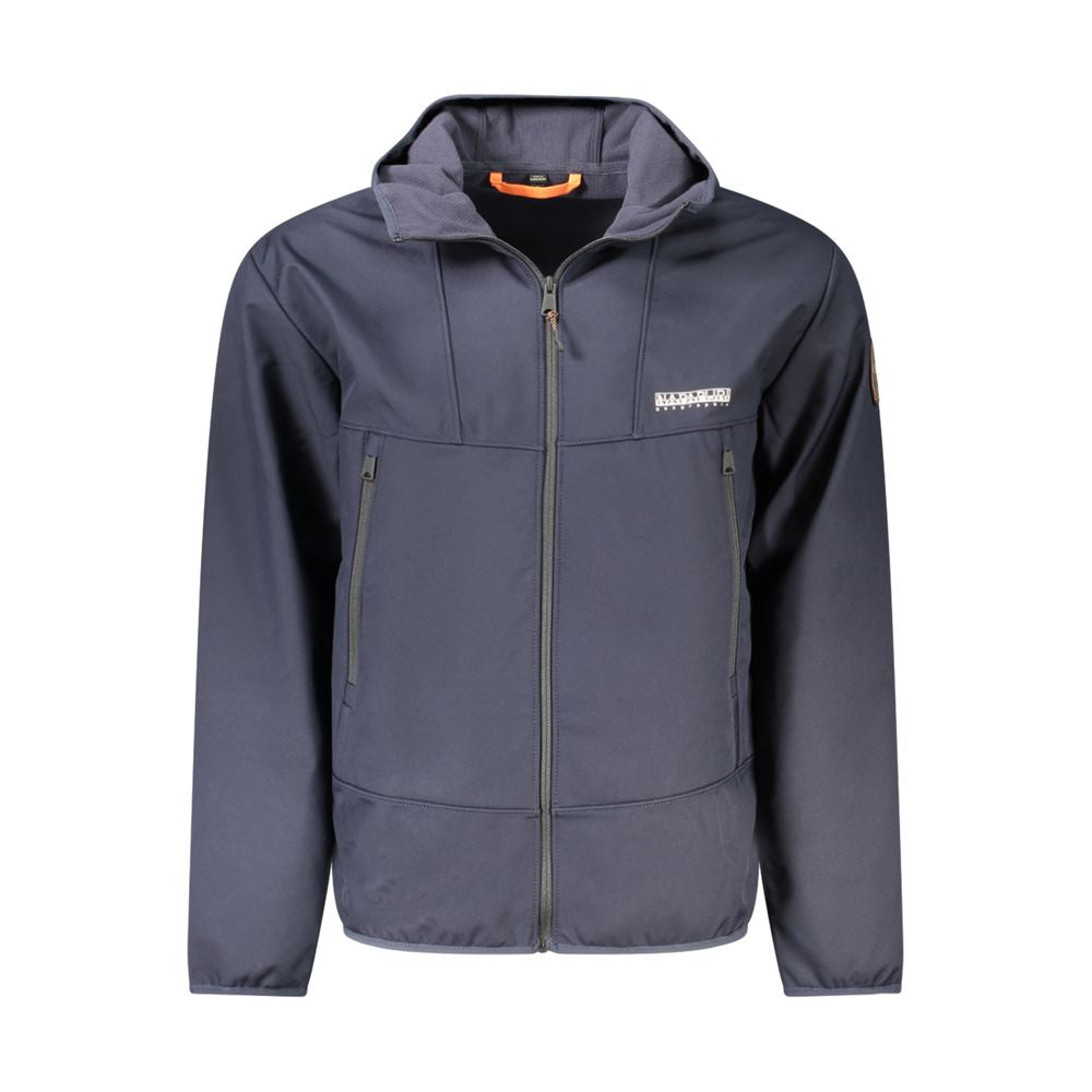 Napapijri men's blue polyester jacket with a front zipper and adjustable hood, suitable for outdoor wear.