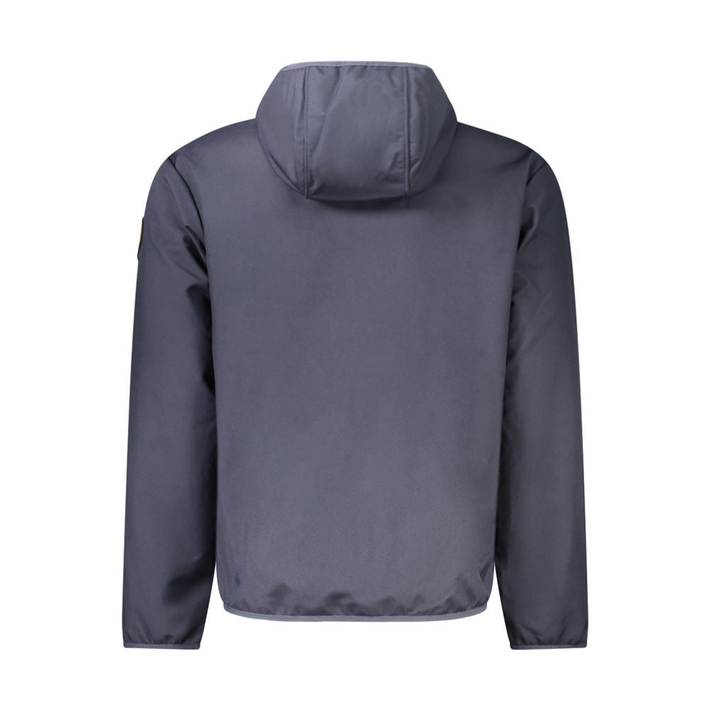 Napapijri men's blue polyester jacket with a zip-up front and adjustable hood, designed for outdoor wear.