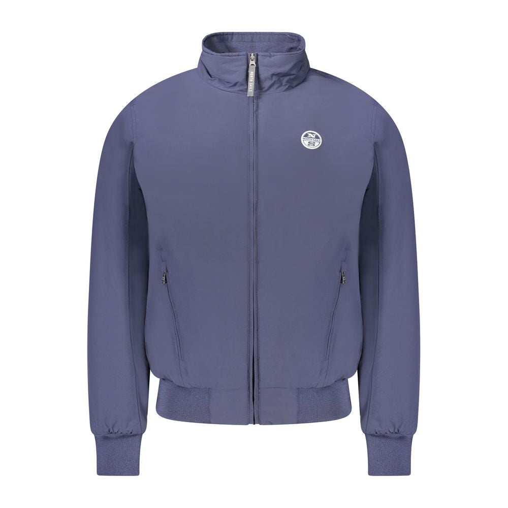 North Sails blue polyester men's bomber jacket displayed, featuring a classic design with ribbed cuffs and collar.
