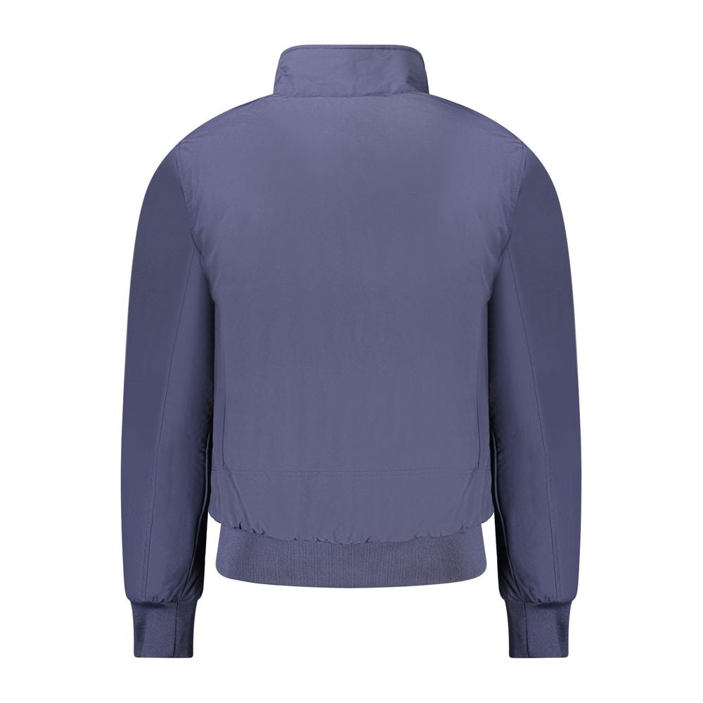 North Sails blue polyester men's bomber jacket displayed with front view and detailed fabric texture.