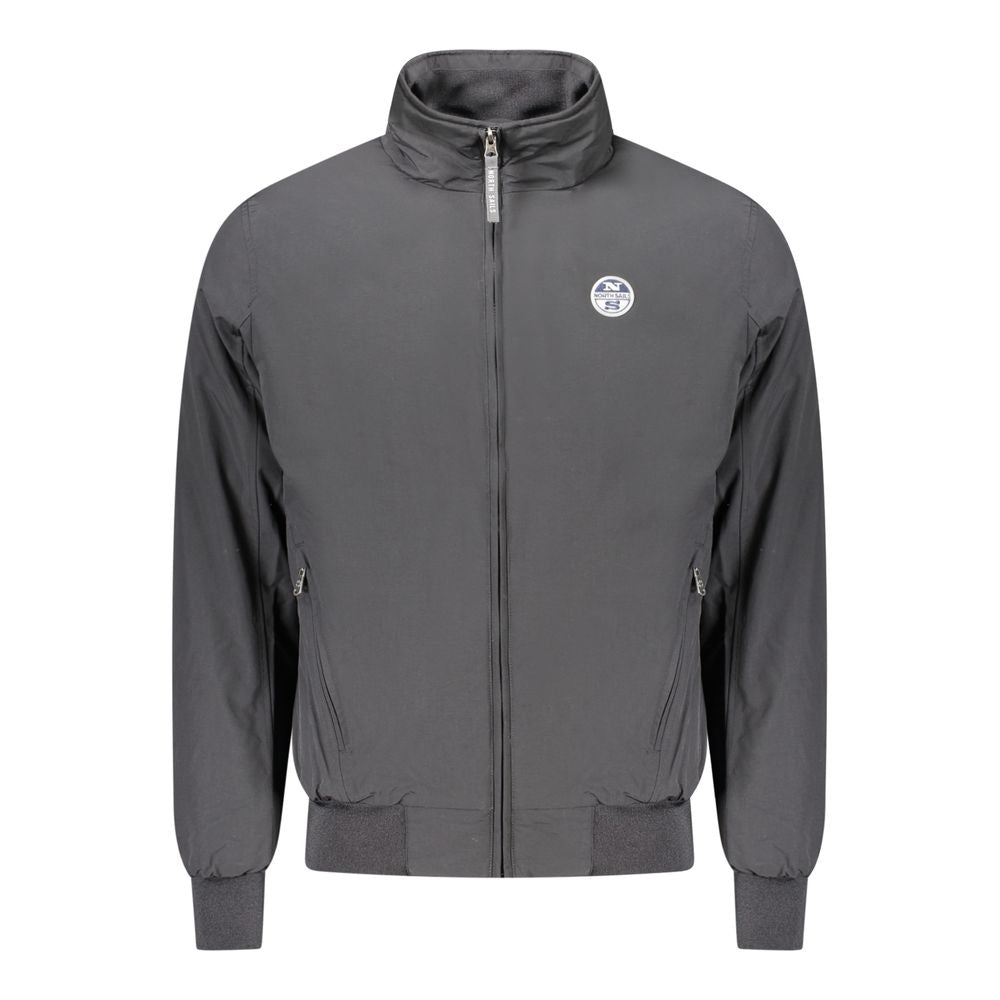 Black North Sails polyester men's jacket with a front zipper and adjustable hood, suitable for casual or outdoor wear.
