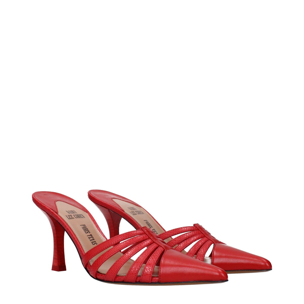 Paris Texas red leather stiletto heel sandals with ankle straps and open toe design.