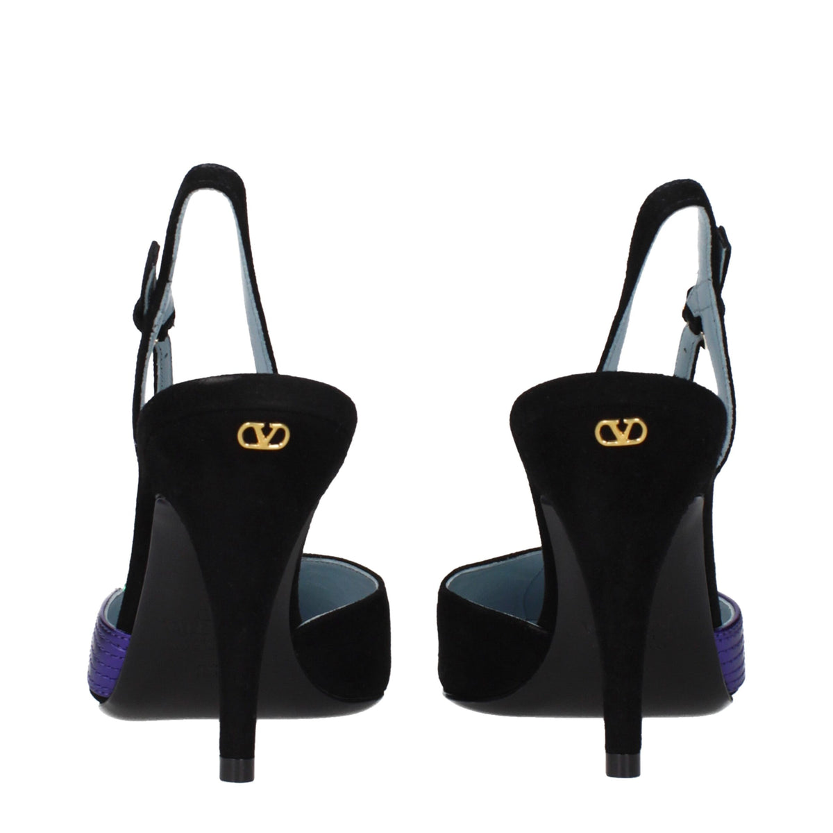 Black leather high heel pumps by Valentino Garavani, featuring sleek design and pointed toes.