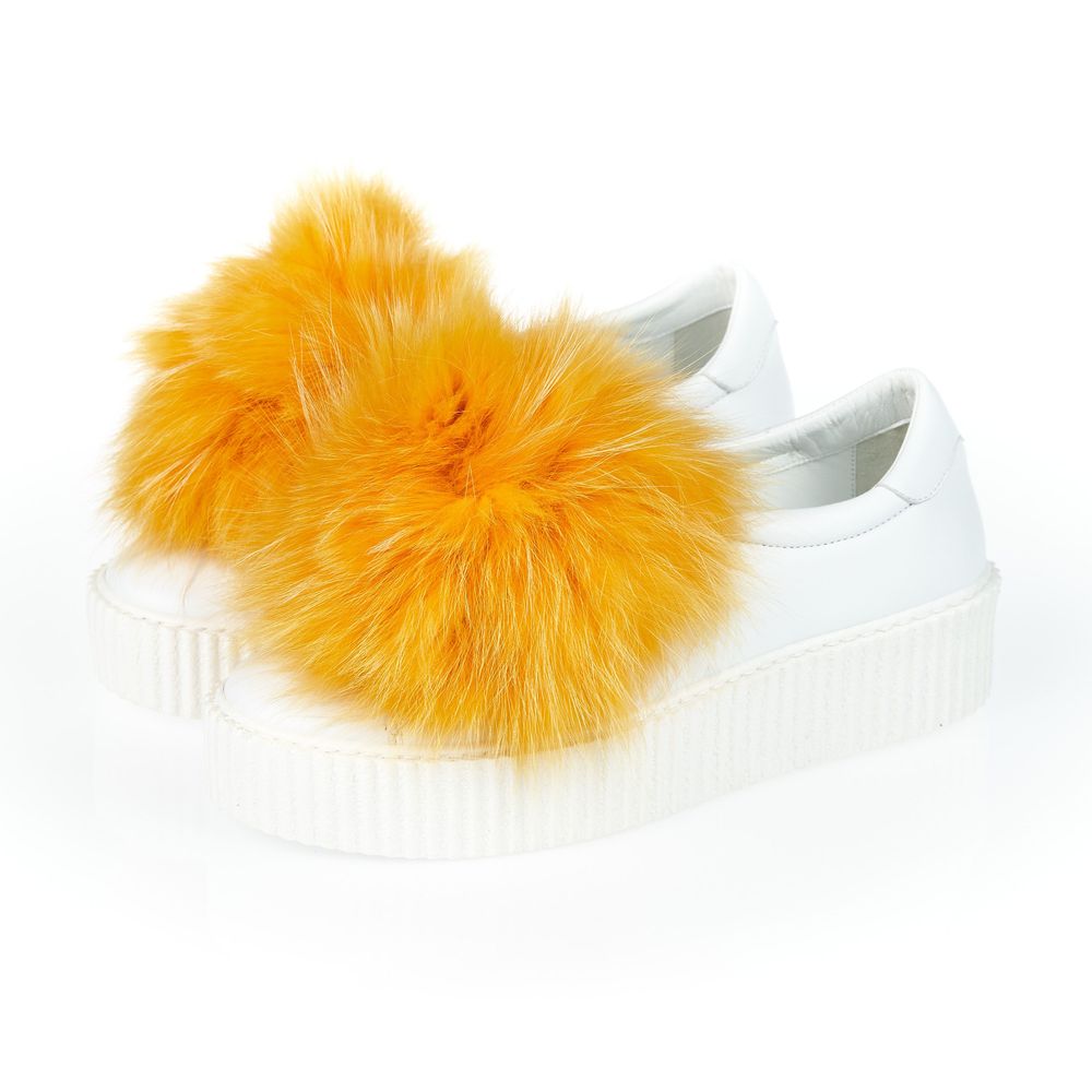 Mr&Mrs Italy White Textile Women Sneaker with Fur Pom Poms