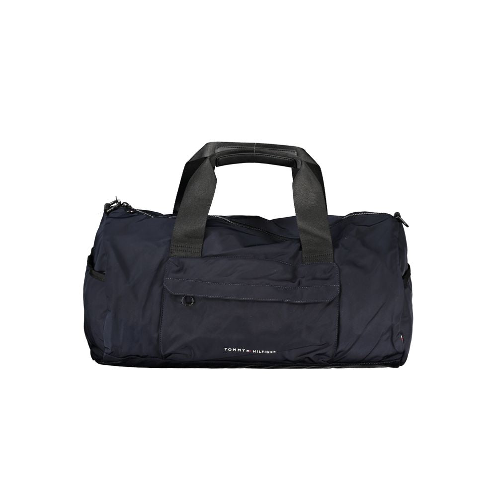 Tommy Hilfiger men's blue polyester bag with adjustable shoulder strap and top zipper closure.
