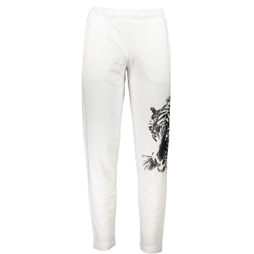 Cavalli Class Bianco cotton men's track pants with elastic waistband and side pockets, casual athletic style.