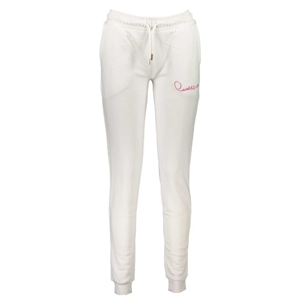 White cotton women's sweatpants by Cavalli Class with a relaxed fit and subtle branding, shown flat on a neutral background.