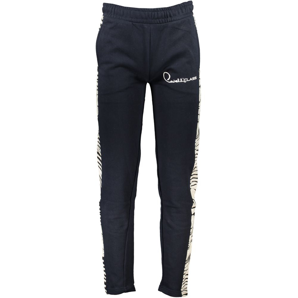 Cavalli Class Blu cotton men's sweatpants with elastic waistband and relaxed fit, displayed on a hanger.