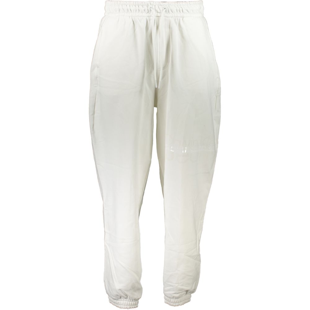 Calvin Klein Bianco cotton men's sport trousers displayed on a hanger, showcasing their clean white fabric and relaxed fit.