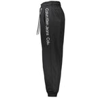 Calvin Klein black polyester women's jogger pants with an elastic waistband and tapered fit, shown on a plain background.