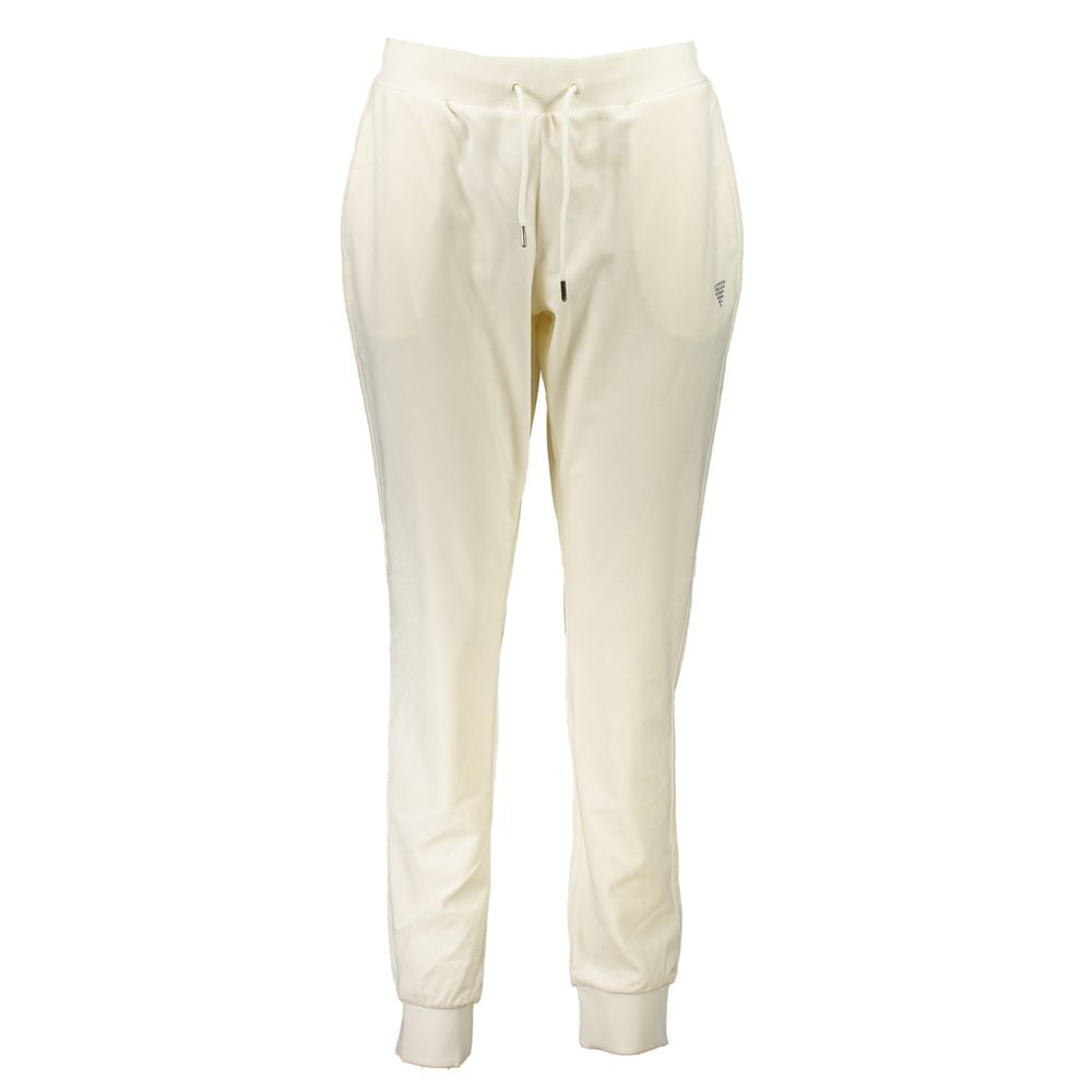 Guess Jeans women's white polyester track pants with a relaxed fit, featuring an elastic waistband and sporty design.