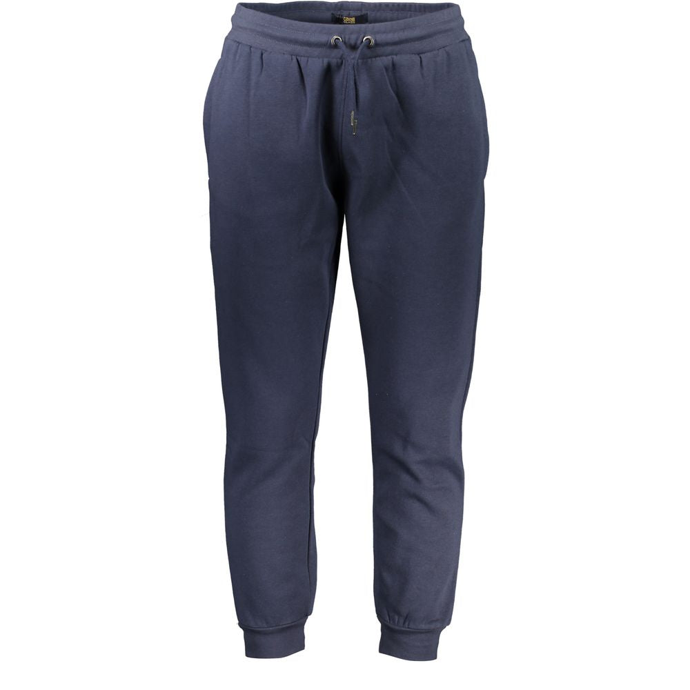 Cavalli Class Blu polyester men's track pant with side pockets and elastic waistband, ideal for athletic or casual wear.
