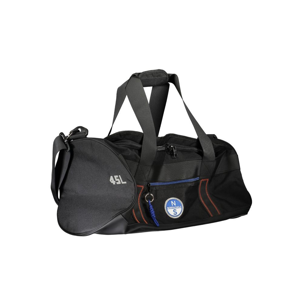 Black North Sails polyester men's duffle bag with sturdy handles and zipper closure, designed for travel and sports use.