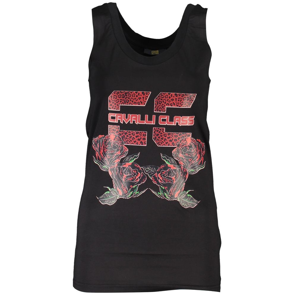 Black cotton women’s tank top by Cavalli Class, shown on a model, featuring a sleek, fitted design with a round neckline.