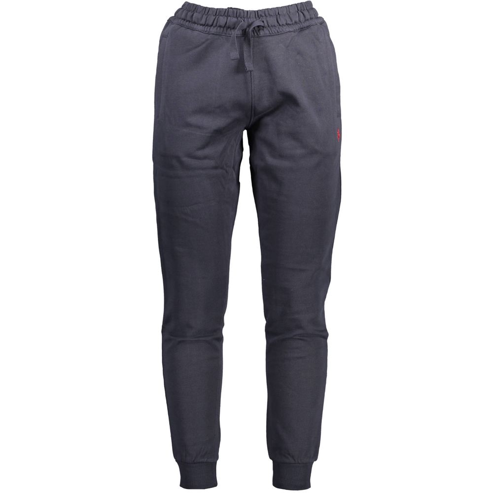 Blue cotton men's trousers from U.S. POLO ASSN., tailored fit with classic design and belt loops, displayed on a hanger.