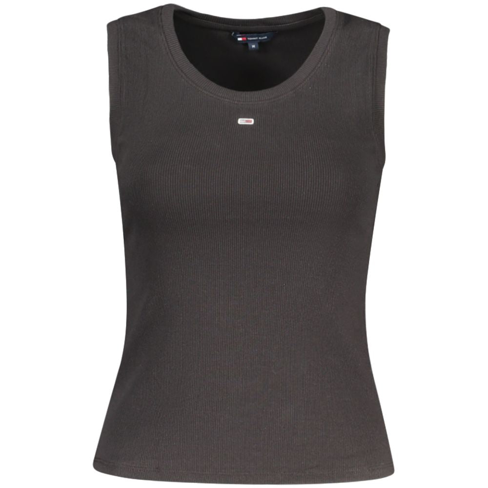 Black cotton women's tank top by Tommy Hilfiger with sleeveless design and classic fit, shown laid flat on white background.