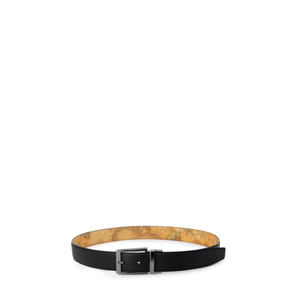 Alviero Martini Prima Classe black leather regular belt with silver buckle, featuring classic design and smooth finish.