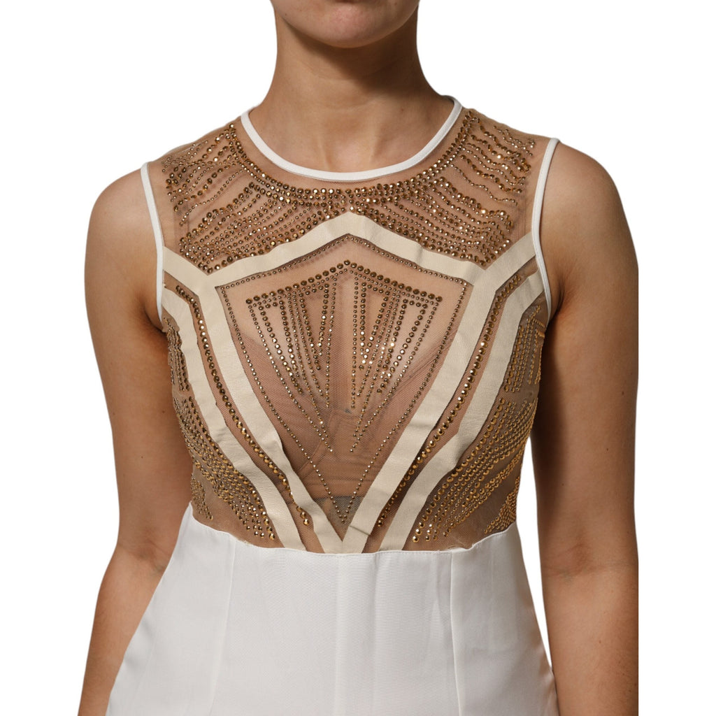 Mangano White Beige Mesh Crystal Embellished Sleeveless Jumpsuit