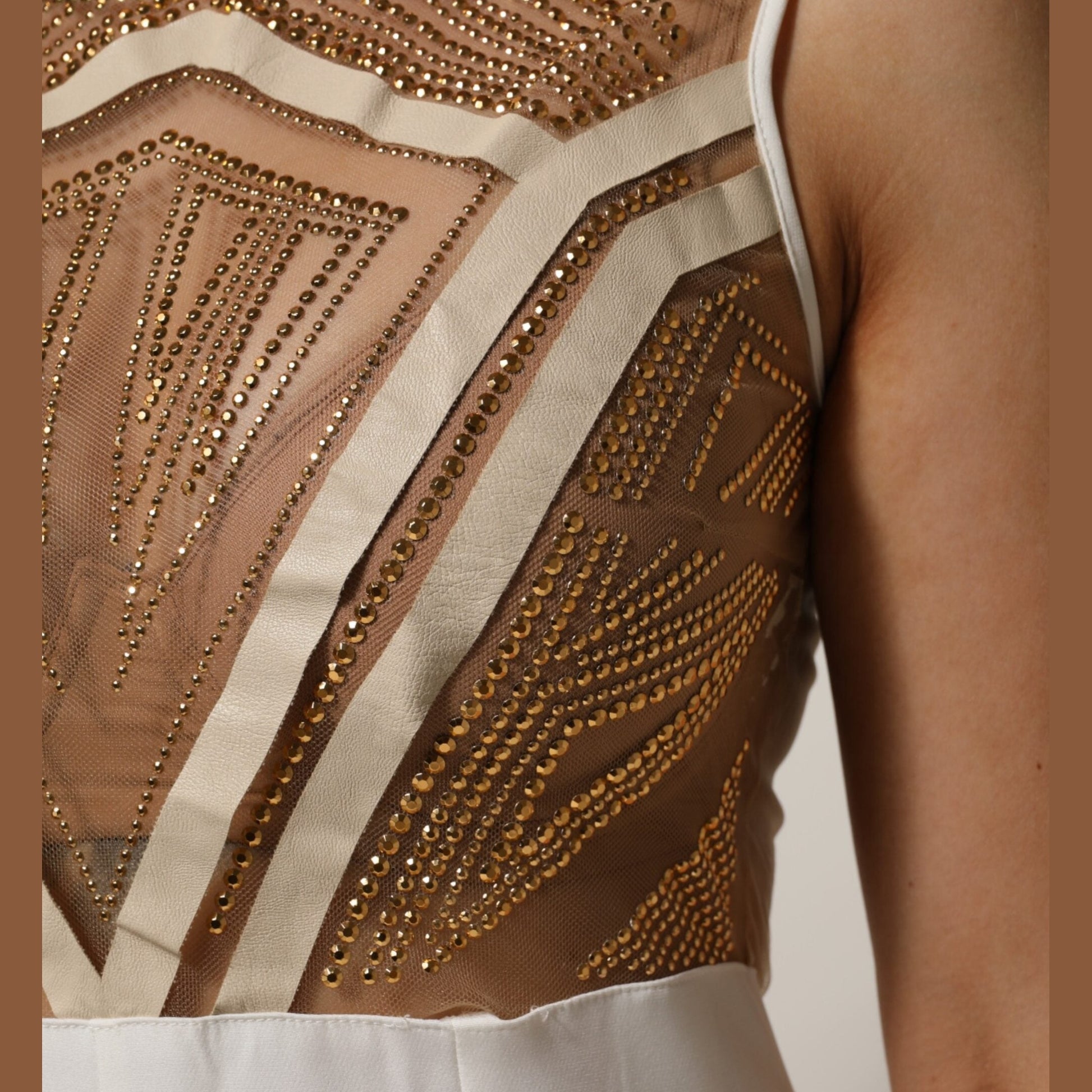 Mangano White Beige Mesh Crystal Embellished Sleeveless Jumpsuit