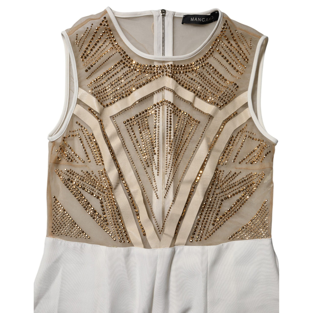 Mangano White Beige Mesh Crystal Embellished Sleeveless Jumpsuit