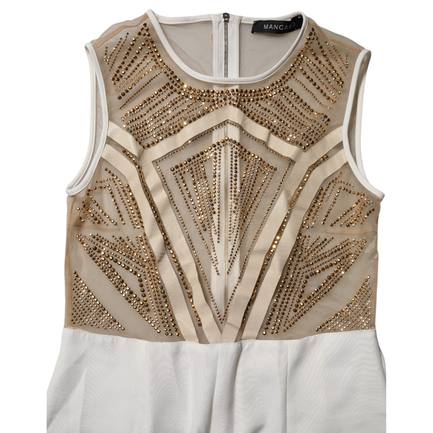 Mangano White Beige Mesh Crystal Embellished Sleeveless Jumpsuit