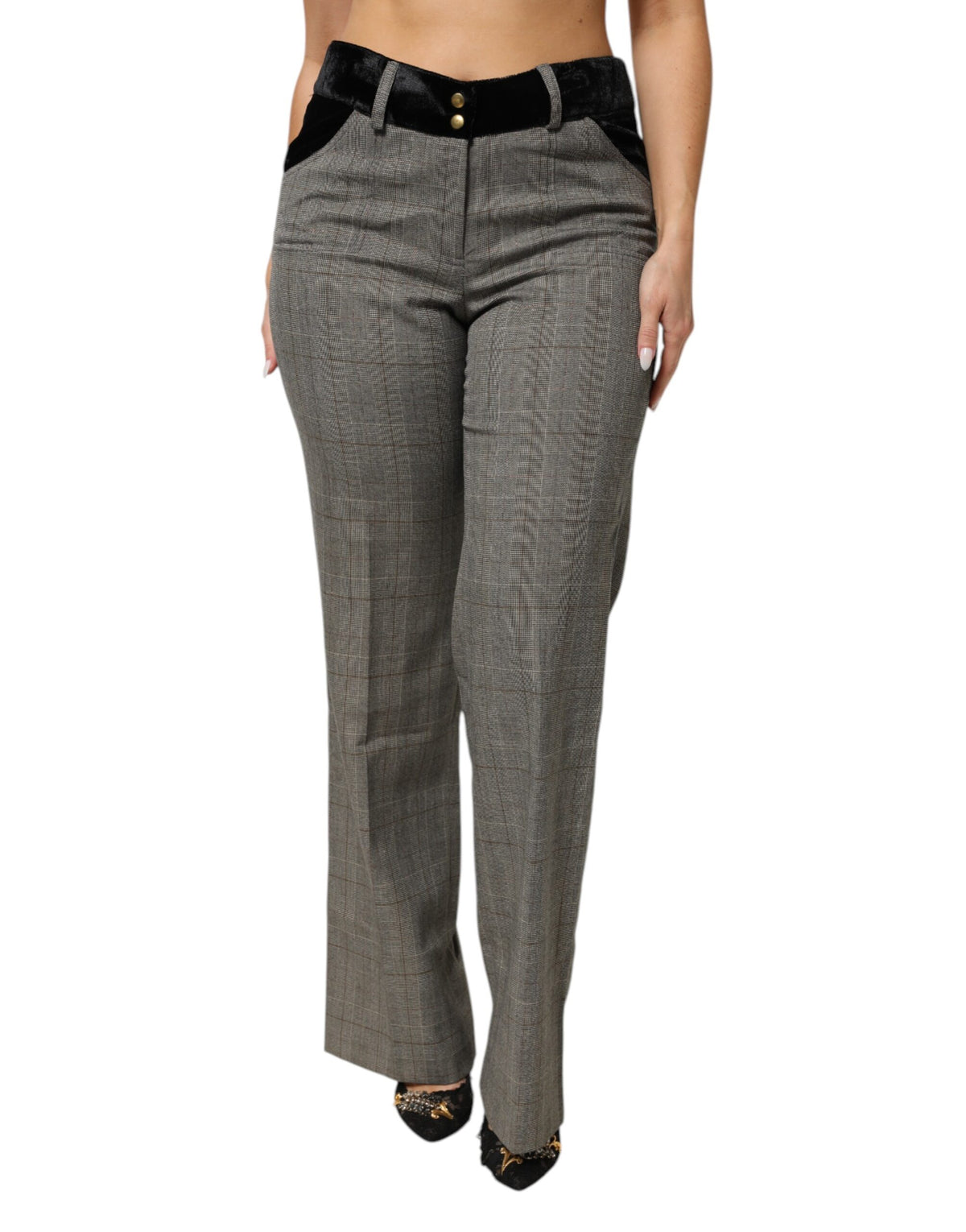 BENCIVENGA Gray Wool Blend Plaid Straight Leg Velvet Waist Pants - Eljoys Fashion 