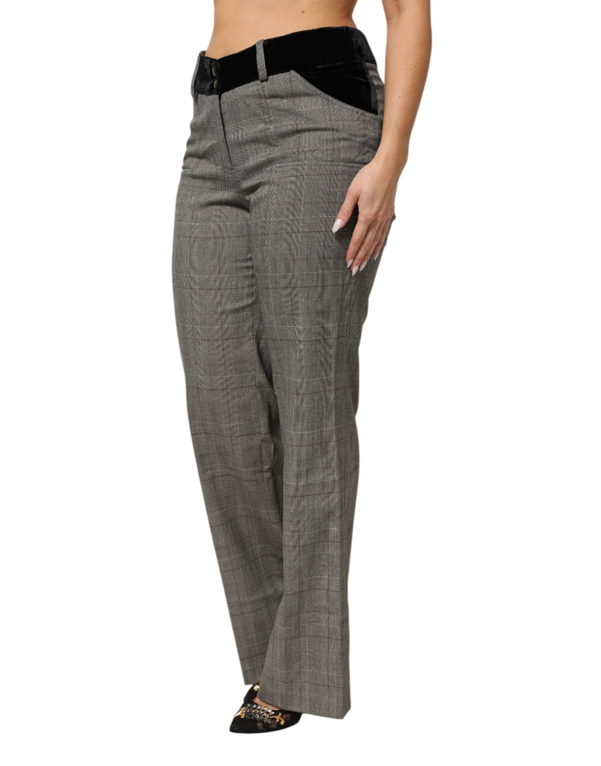 BENCIVENGA Gray Wool Blend Plaid Straight Leg Velvet Waist Pants BENCIVENGA