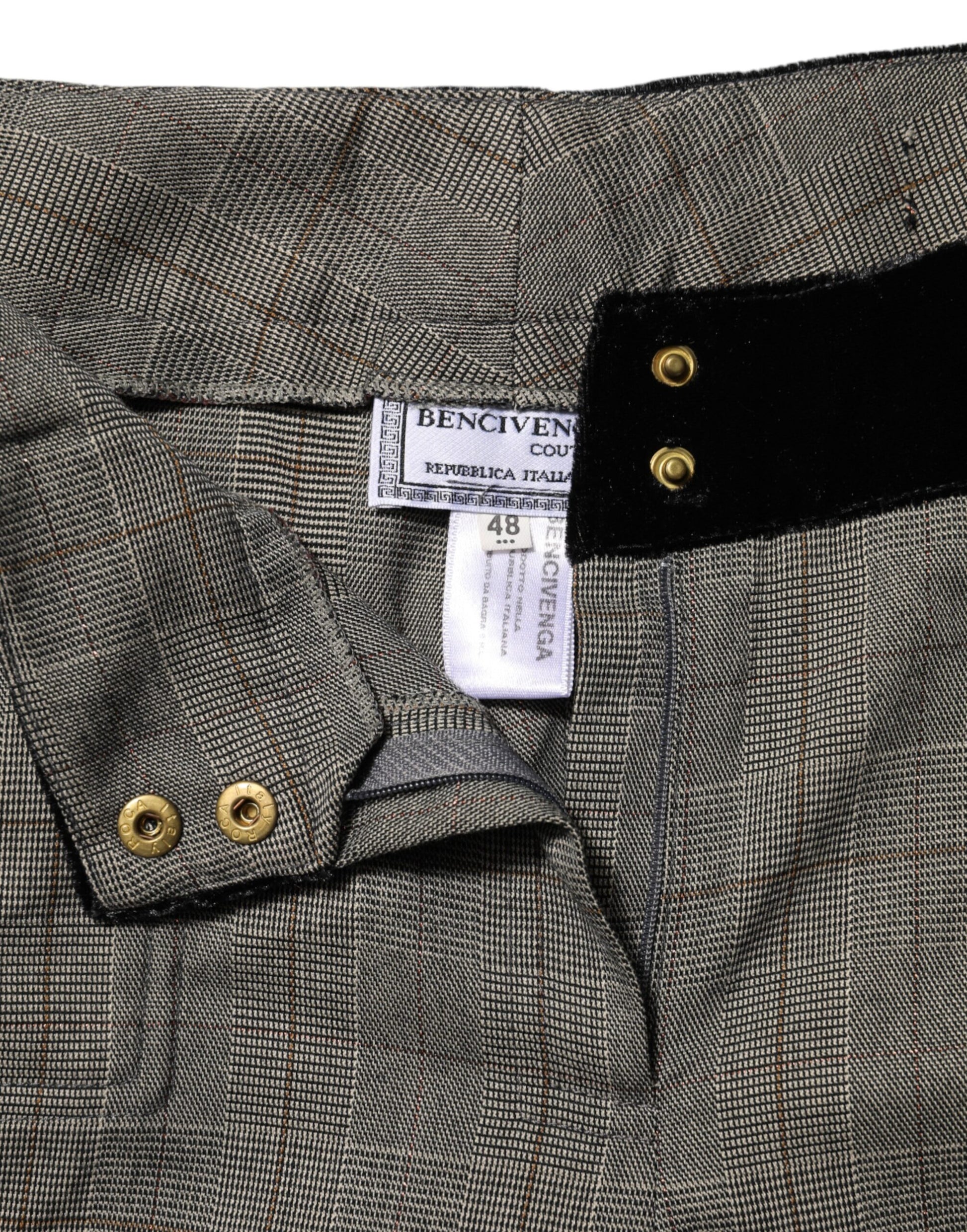 BENCIVENGA Gray Wool Blend Plaid Straight Leg Velvet Waist Pants BENCIVENGA