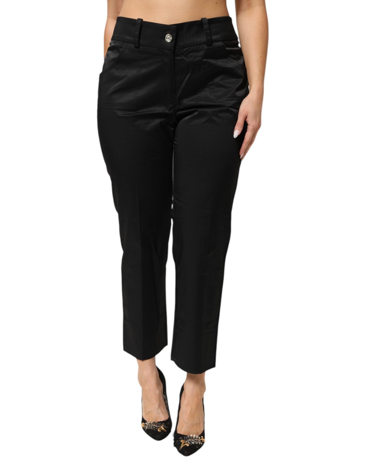 BENCIVENGA Black Cotton Blend Cropped Straight Leg Pants - Eljoys Fashion 